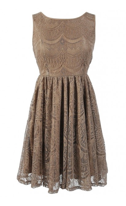 Glowing Beauty Sleeveless Metallic Lace Dress in Mocha